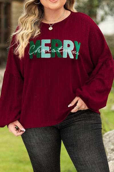 Plus Size MERRY CHRISTMAS Round Neck Long Sleeve Top Wine / 1XL