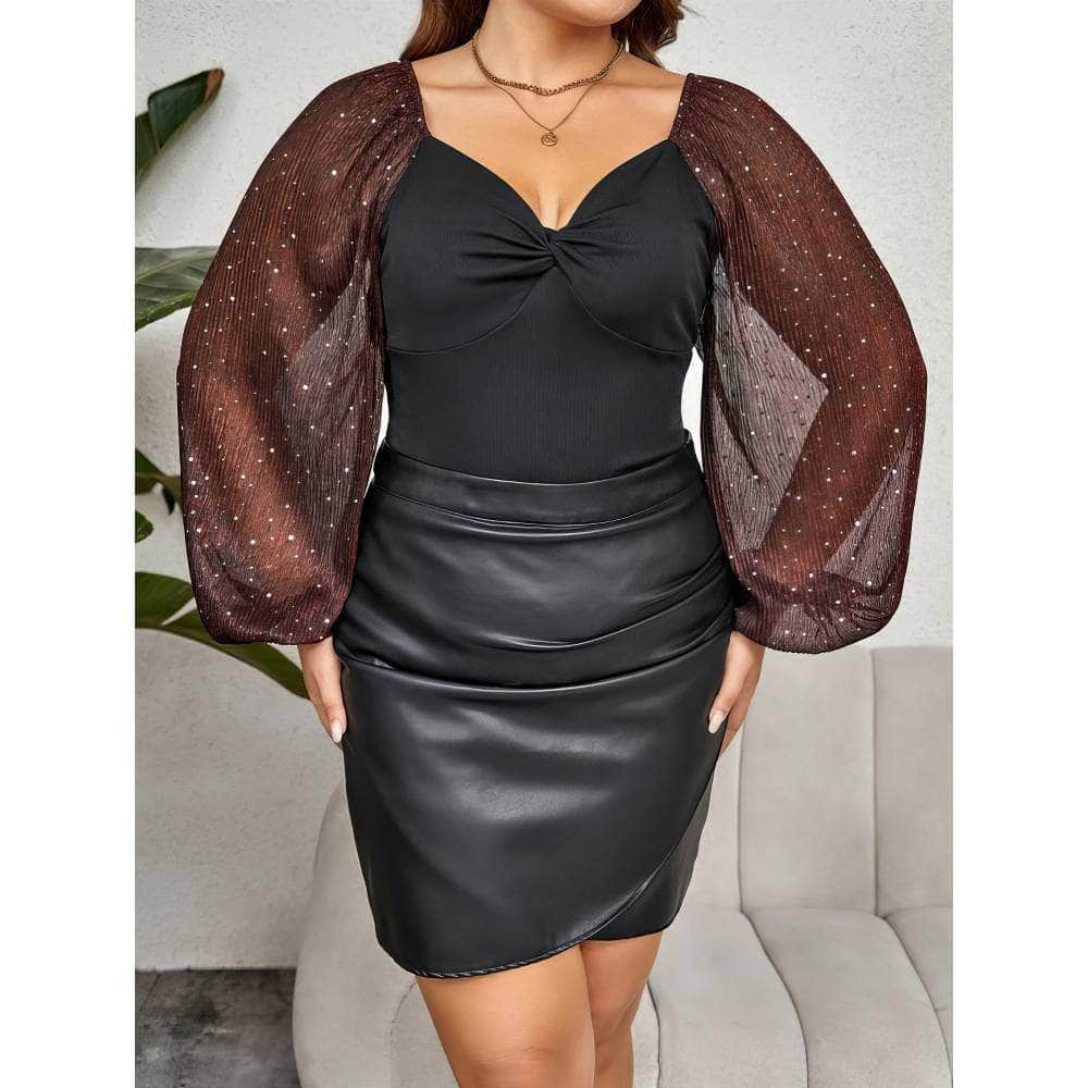 Plus Size Mesh Lantern Sleeves Knot Bust Top