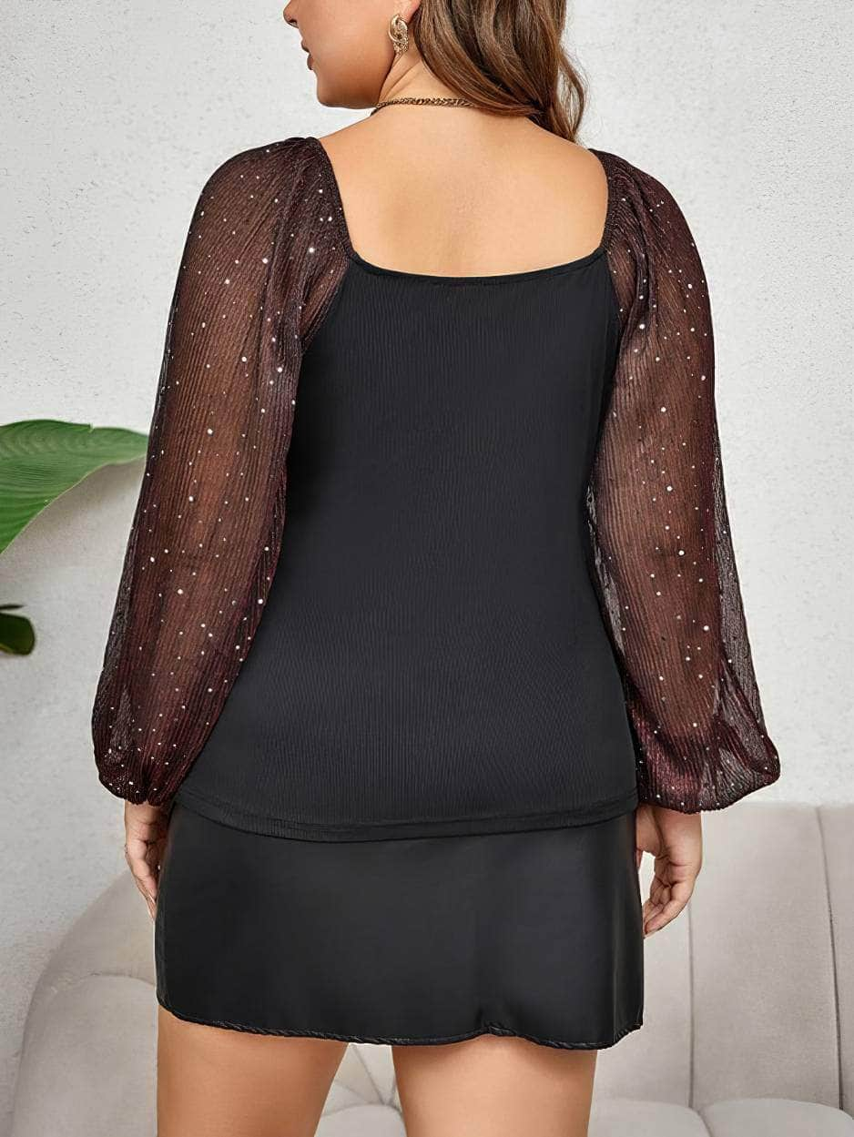 Plus Size Mesh Lantern Sleeves Knot Bust Top