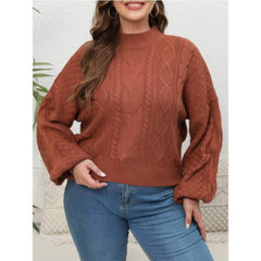 Plus Size Mock Neck Flounce Sleeves Cable Knit Sweater Top