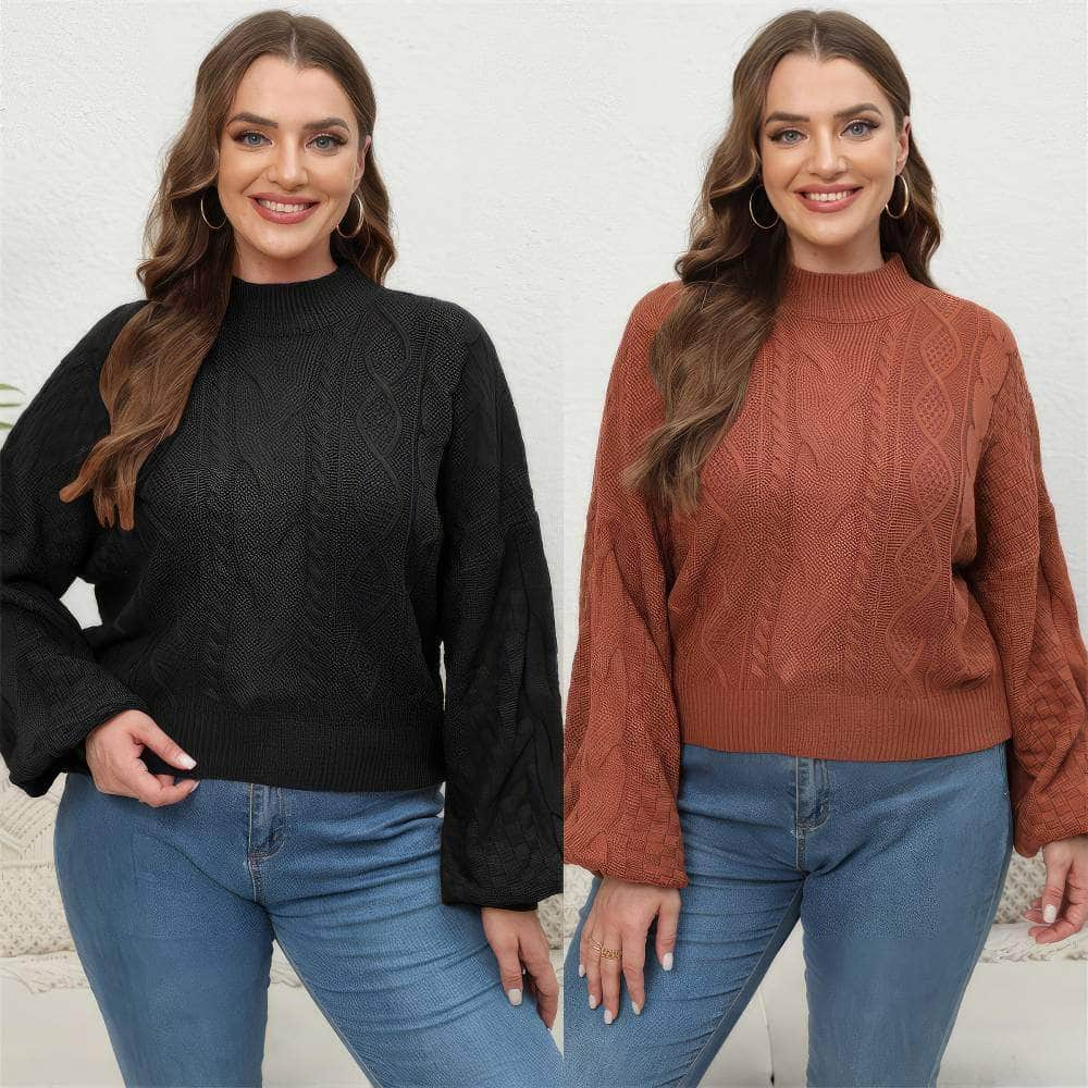 Plus Size Mock Neck Flounce Sleeves Cable Knit Sweater Top