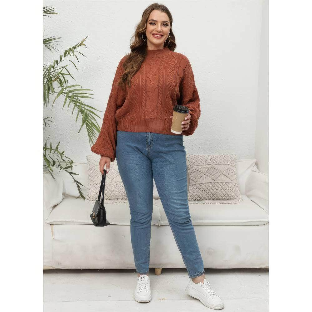 Plus Size Mock Neck Flounce Sleeves Cable Knit Sweater Top