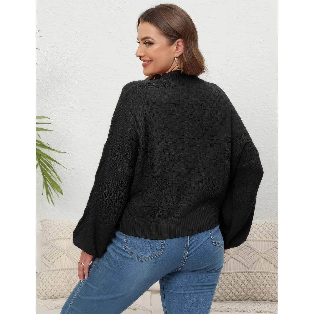 Plus Size Mock Neck Flounce Sleeves Cable Knit Sweater Top