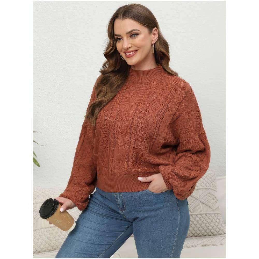 Plus Size Mock Neck Flounce Sleeves Cable Knit Sweater Top