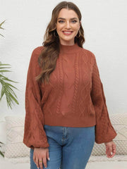 Plus Size Mock Neck Flounce Sleeves Cable Knit Sweater Top US 16-18 / Brown