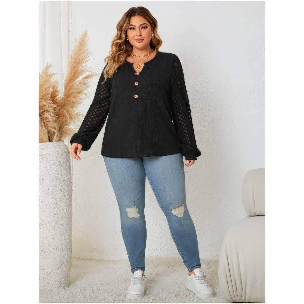 Plus Size Notched Button Lace Sleeves Blouse