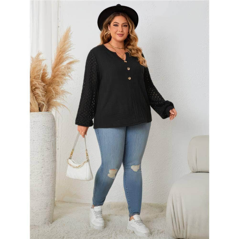 Plus Size Notched Button Lace Sleeves Blouse