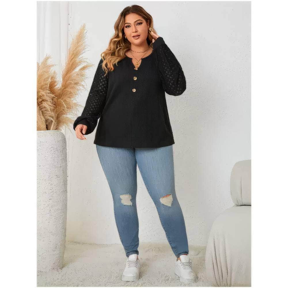 Plus Size Notched Button Lace Sleeves Blouse