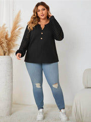 Plus Size Notched Button Lace Sleeves Blouse US 16-18 / Black