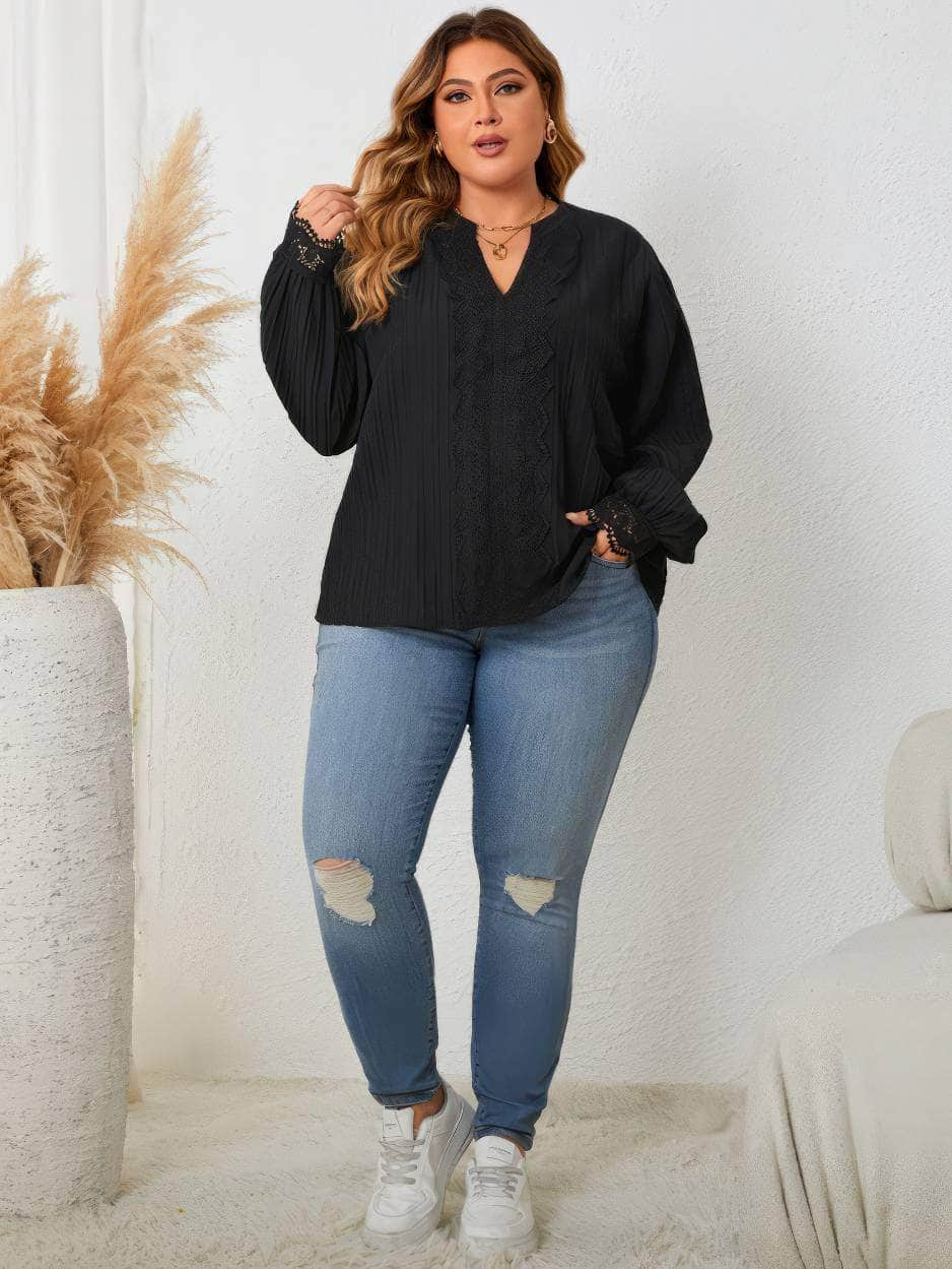 Plus Size Notched Neck Lace Detail Blouse US 16-18 / Black