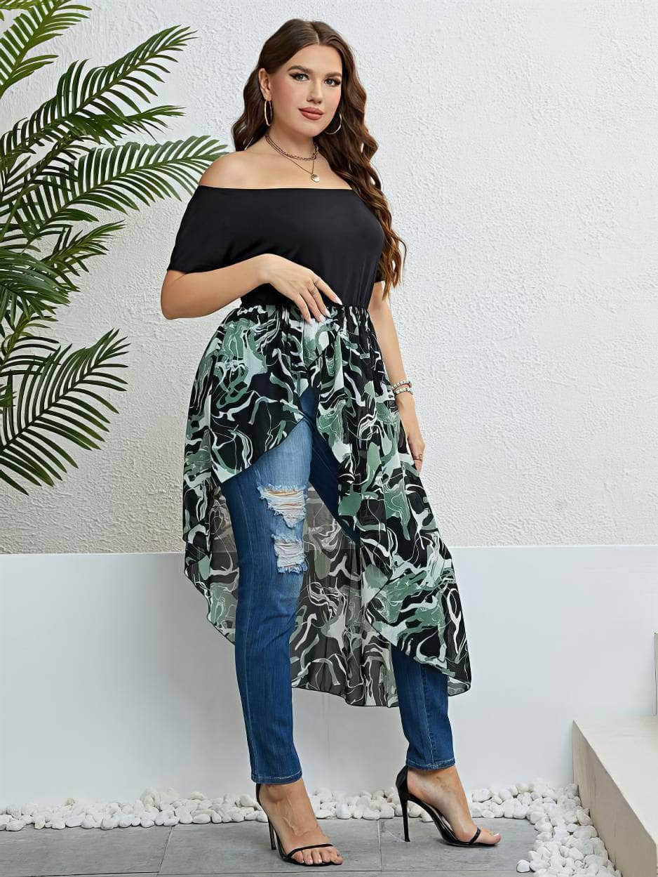 Plus Size Off-Shoulder Asymmetrical Hem High-Low Top