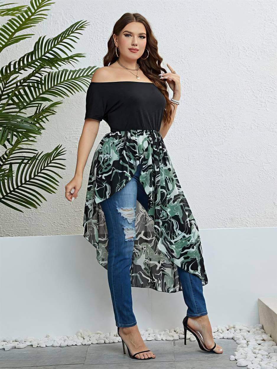 Plus Size Off-Shoulder Asymmetrical Hem High-Low Top