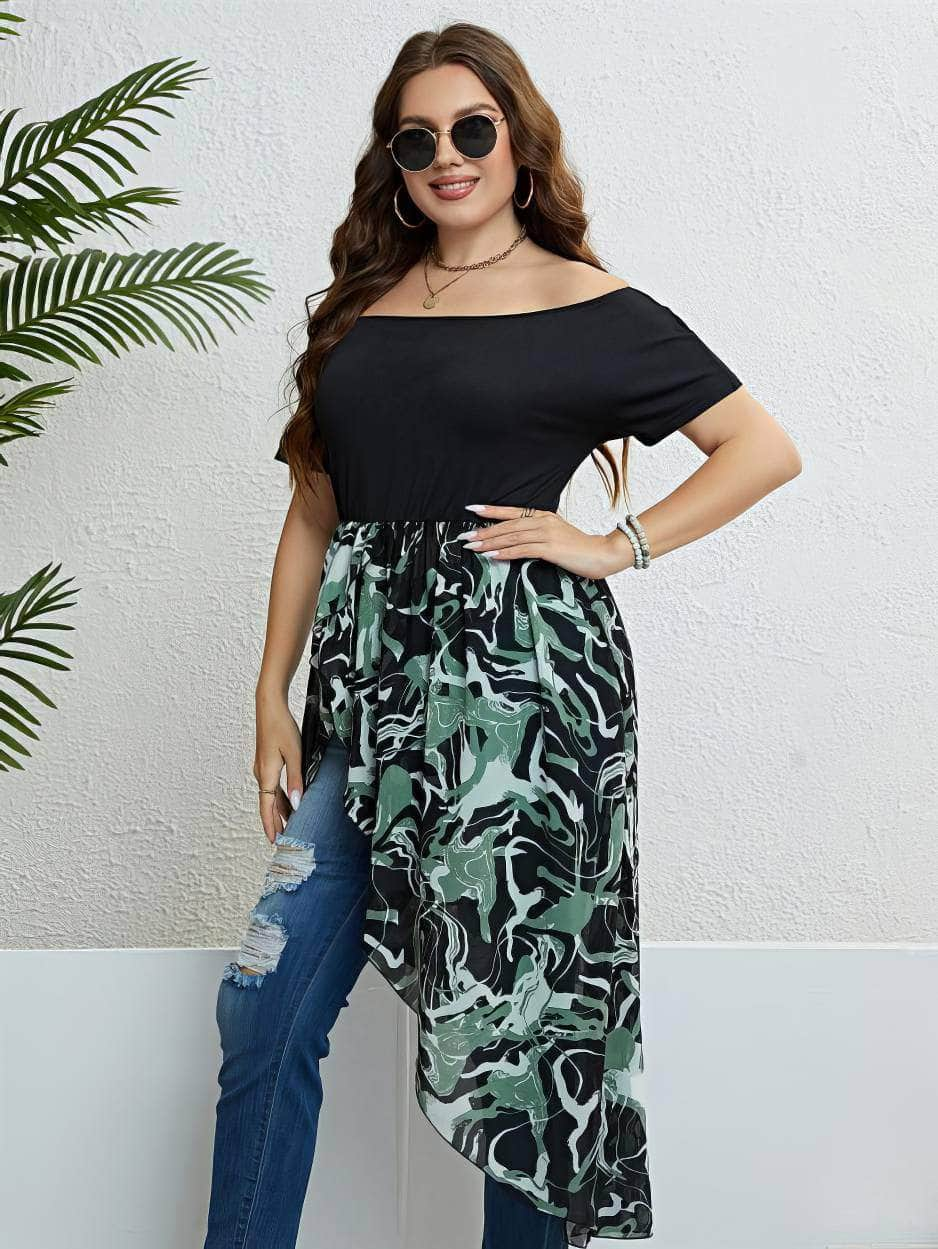 Plus Size Off-Shoulder Asymmetrical Hem High-Low Top