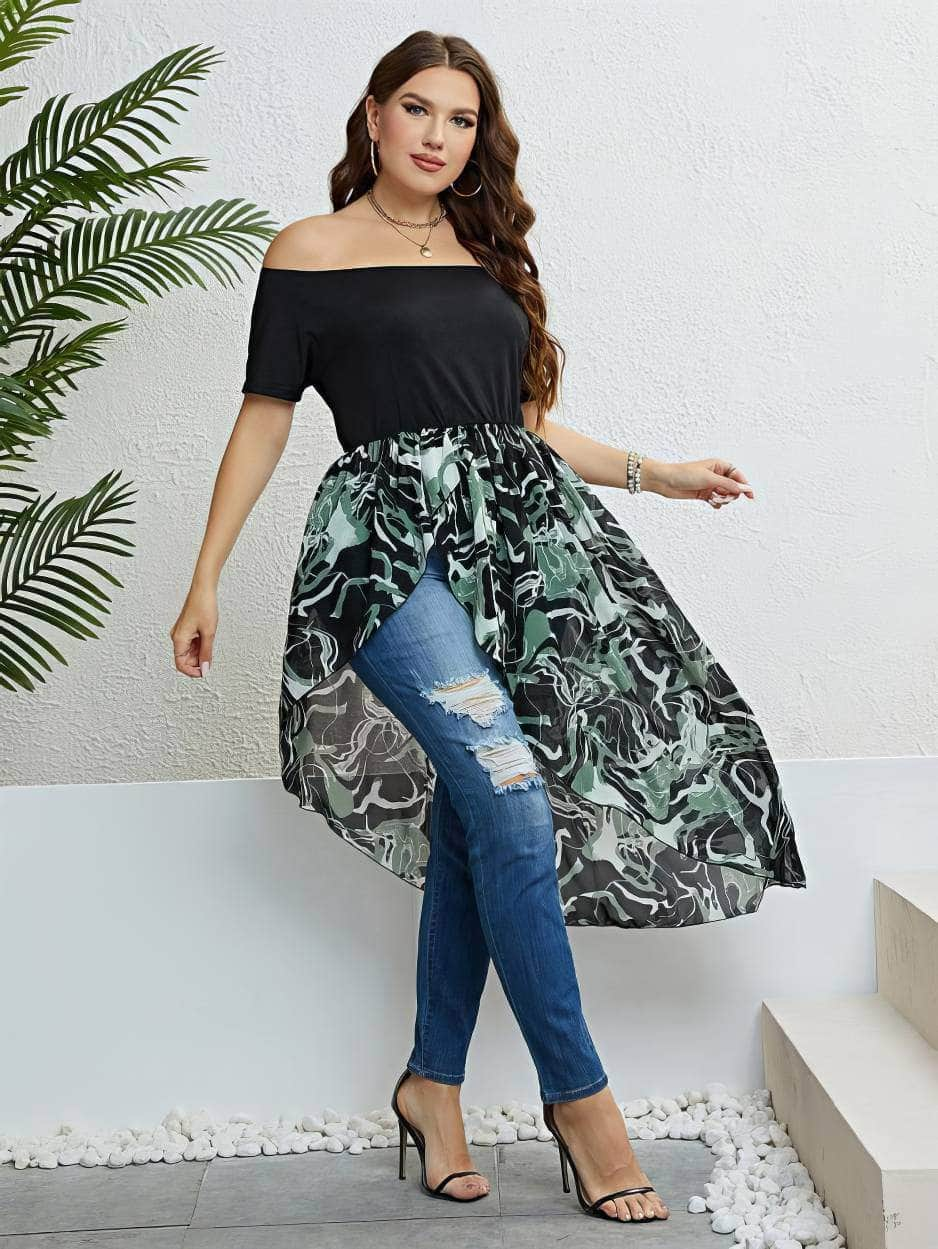 Plus Size Off-Shoulder Asymmetrical Hem High-Low Top US 16-18 / Black