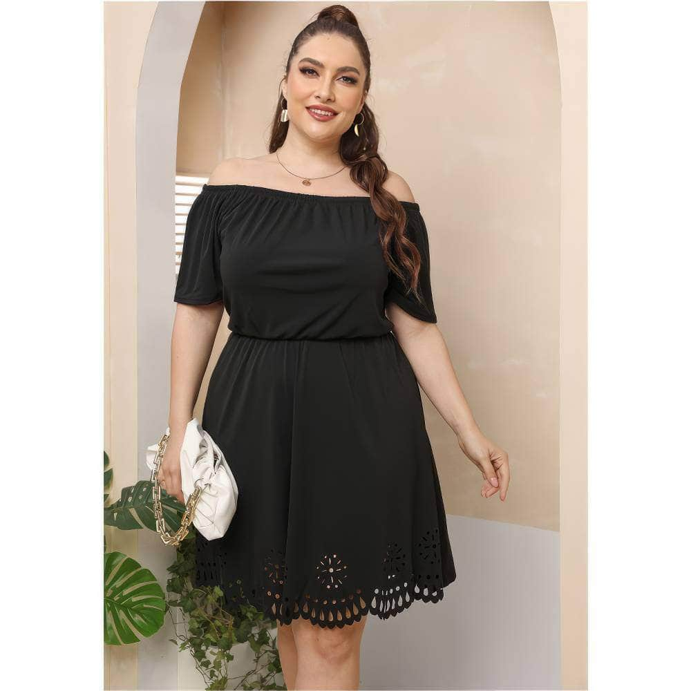 Plus Size Off-Shoulder Laser Cut Hem Dress