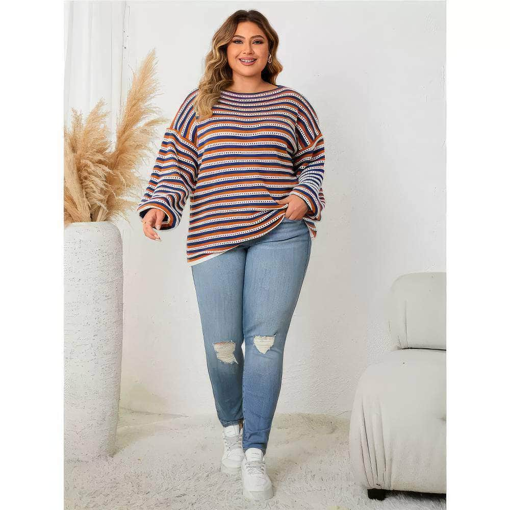 Plus Size Oversize Shoulder-Slider Striped Sweater Top