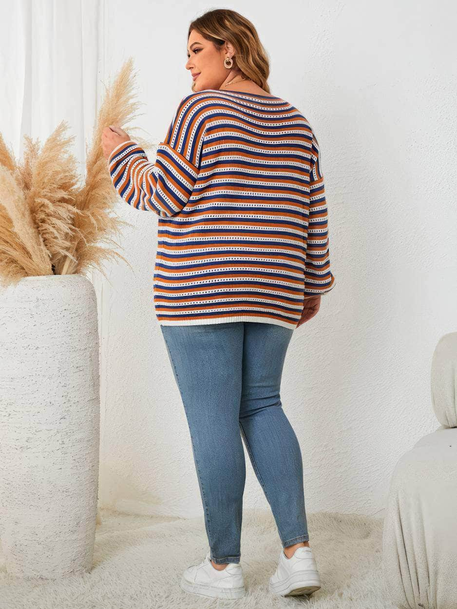 Plus Size Oversize Shoulder-Slider Striped Sweater Top