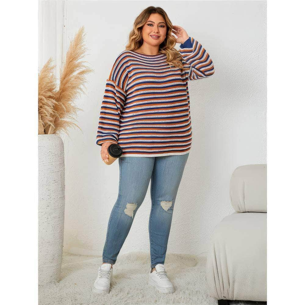 Plus Size Oversize Shoulder-Slider Striped Sweater Top