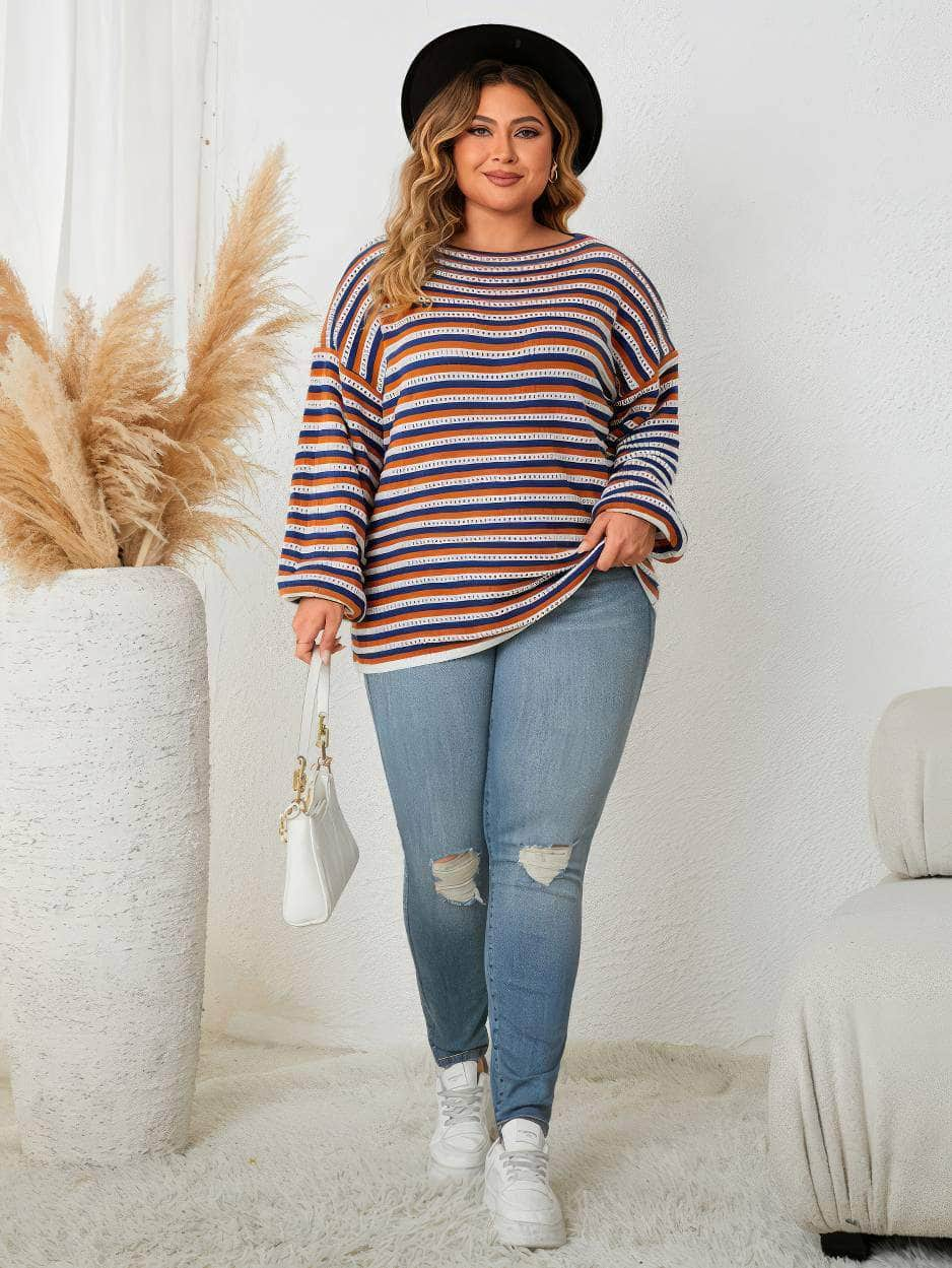 Plus Size Oversize Shoulder-Slider Striped Sweater Top US 16-18 / Red