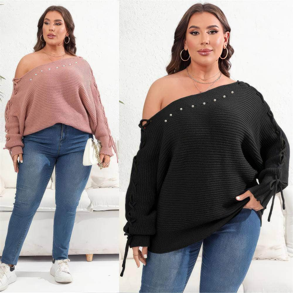 Plus Size Pearl Detailed Asymmetrical Sleeves Laced Sweater Top