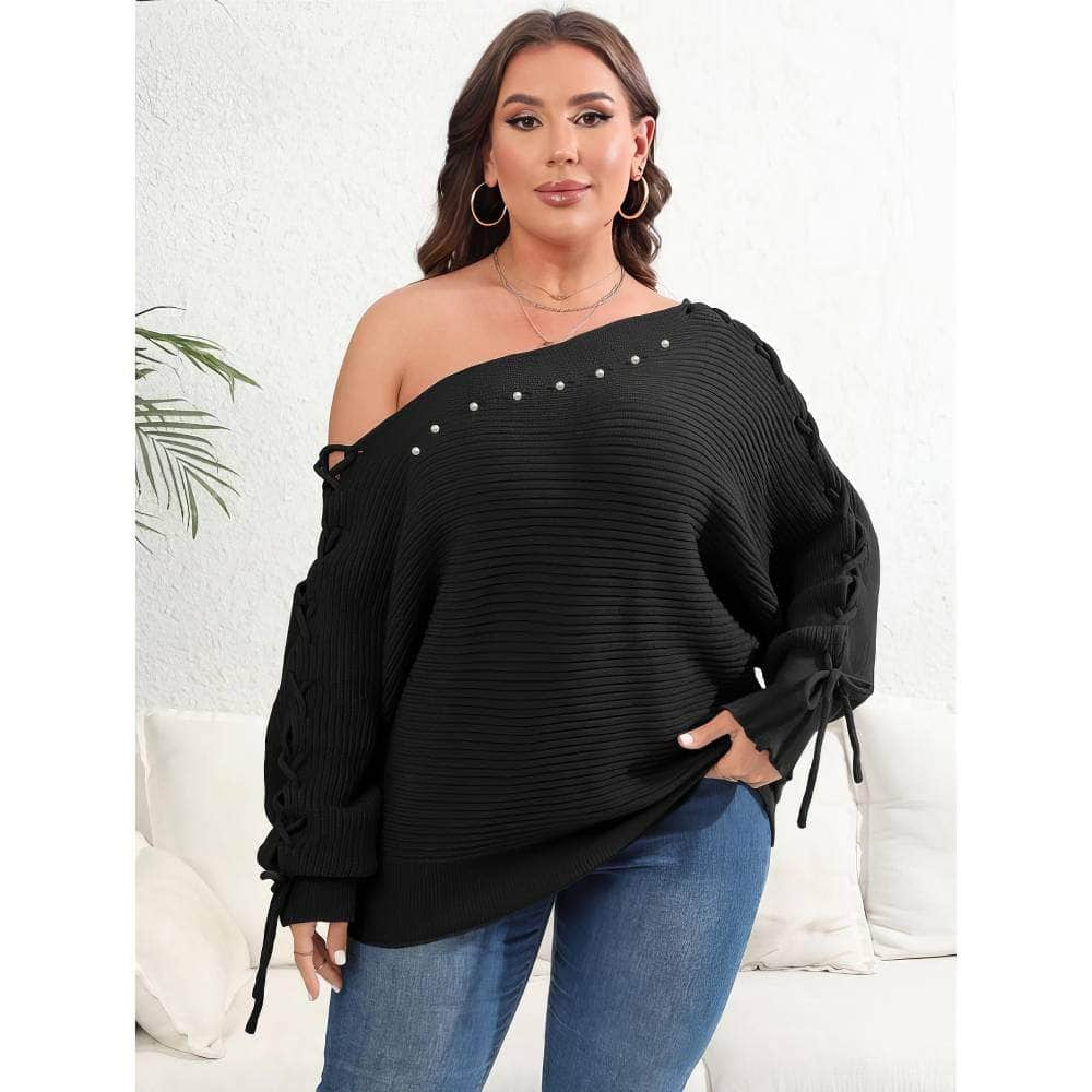 Plus Size Pearl Detailed Asymmetrical Sleeves Laced Sweater Top