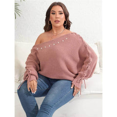 Plus Size Pearl Detailed Asymmetrical Sleeves Laced Sweater Top