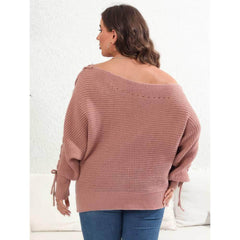 Plus Size Pearl Detailed Asymmetrical Sleeves Laced Sweater Top