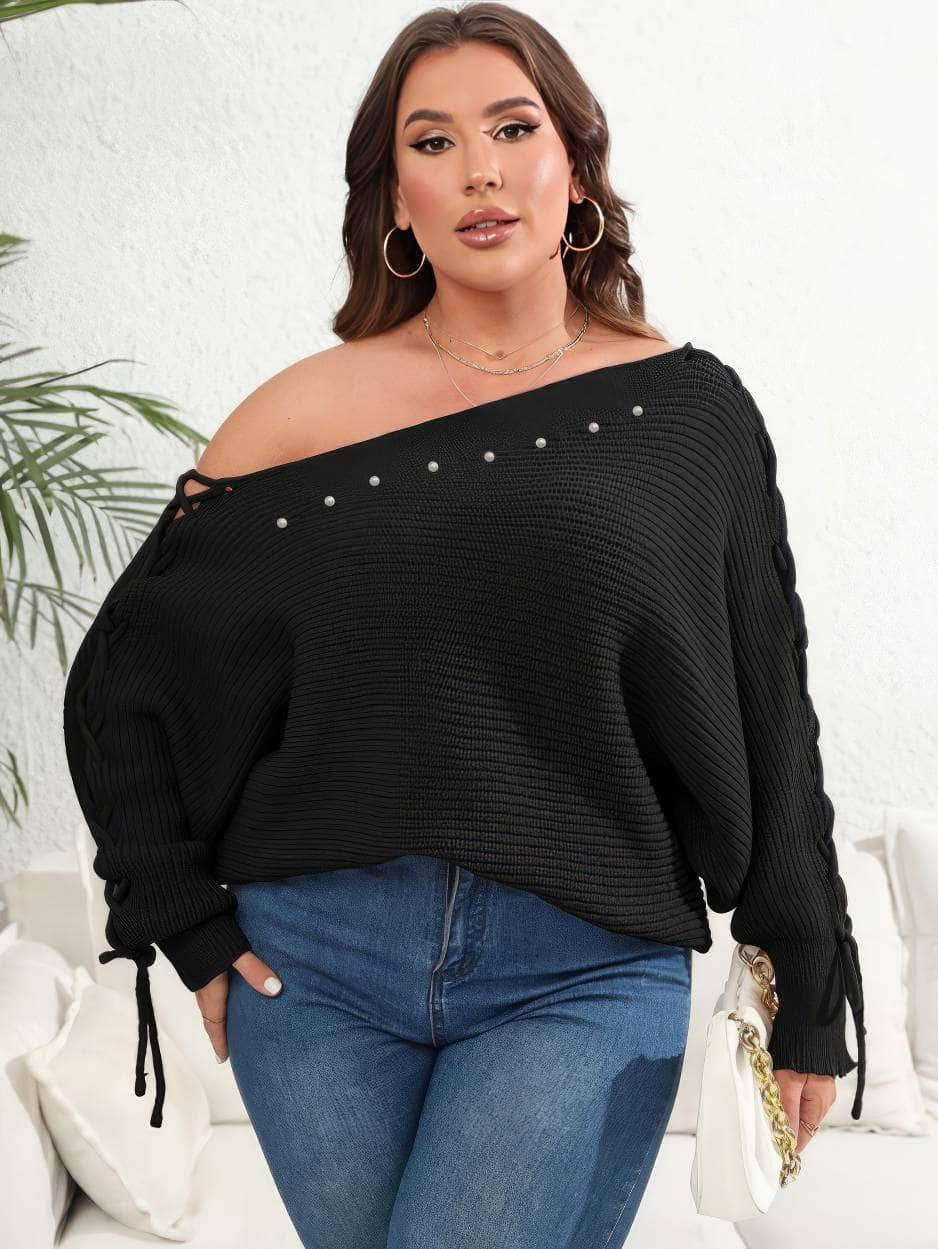 Plus Size Pearl Detailed Asymmetrical Sleeves Laced Sweater Top US 16-18 / Black