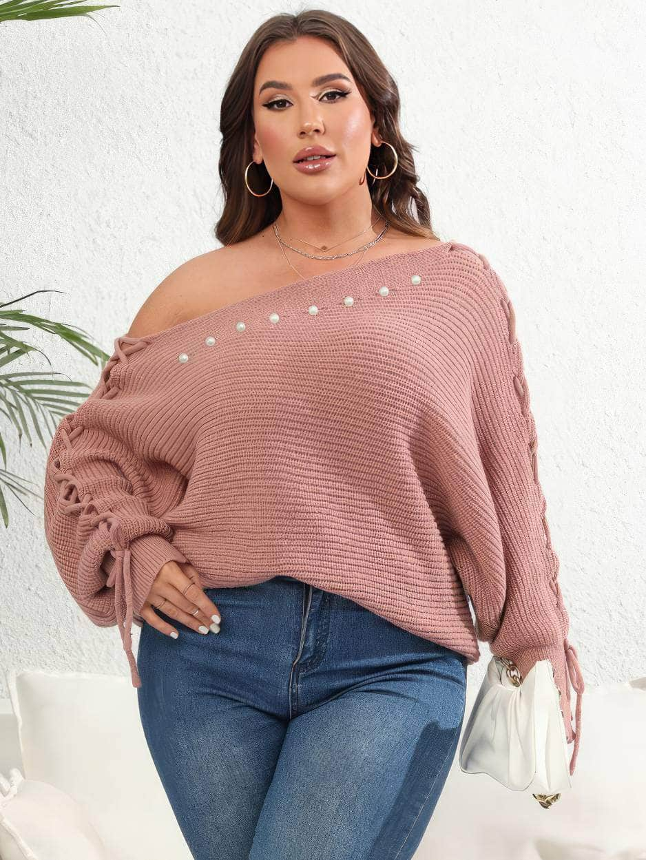 Plus Size Pearl Detailed Asymmetrical Sleeves Laced Sweater Top US 16-18 / Pink