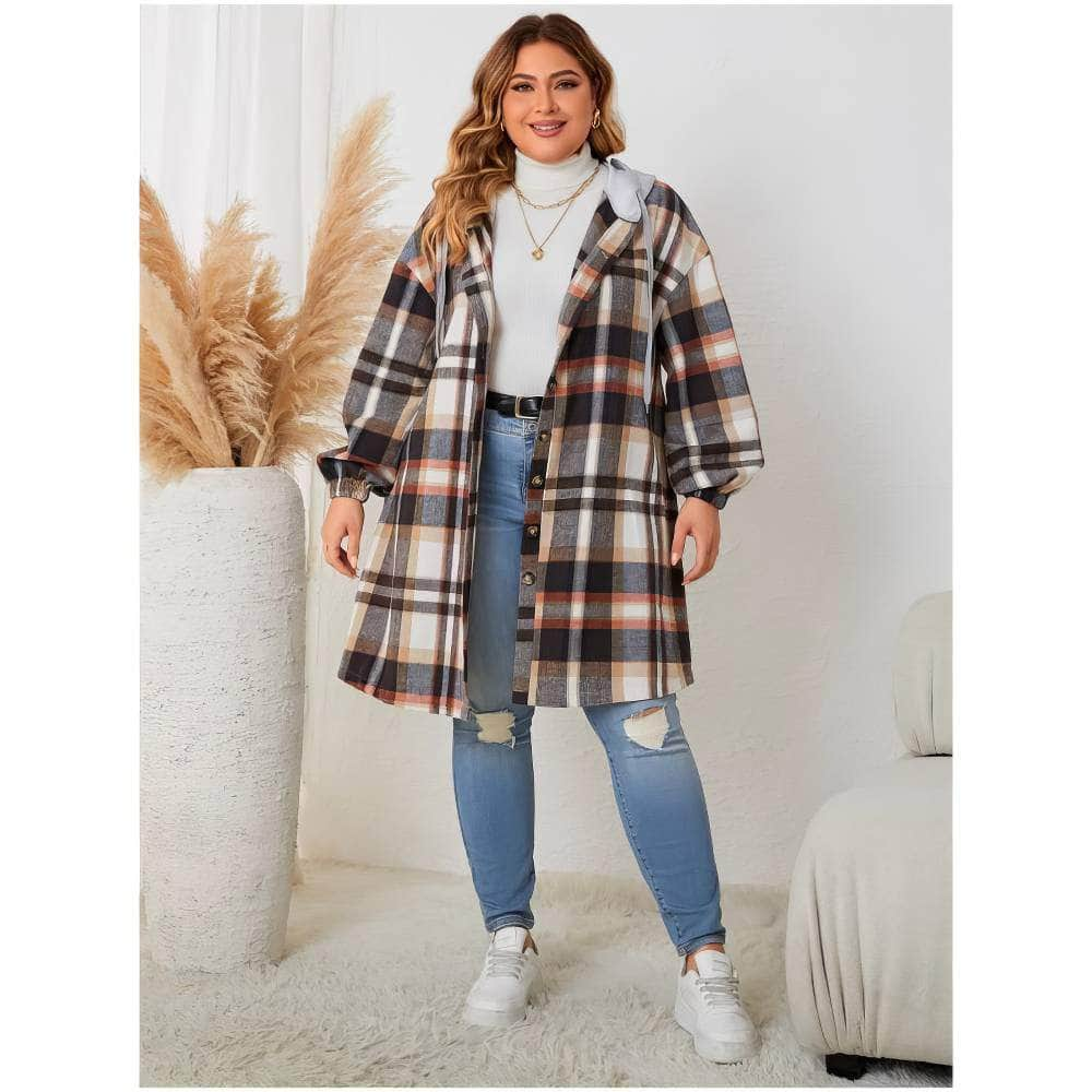 Plus Size Plaid Pattern Drop Shoulder Hooded Coat