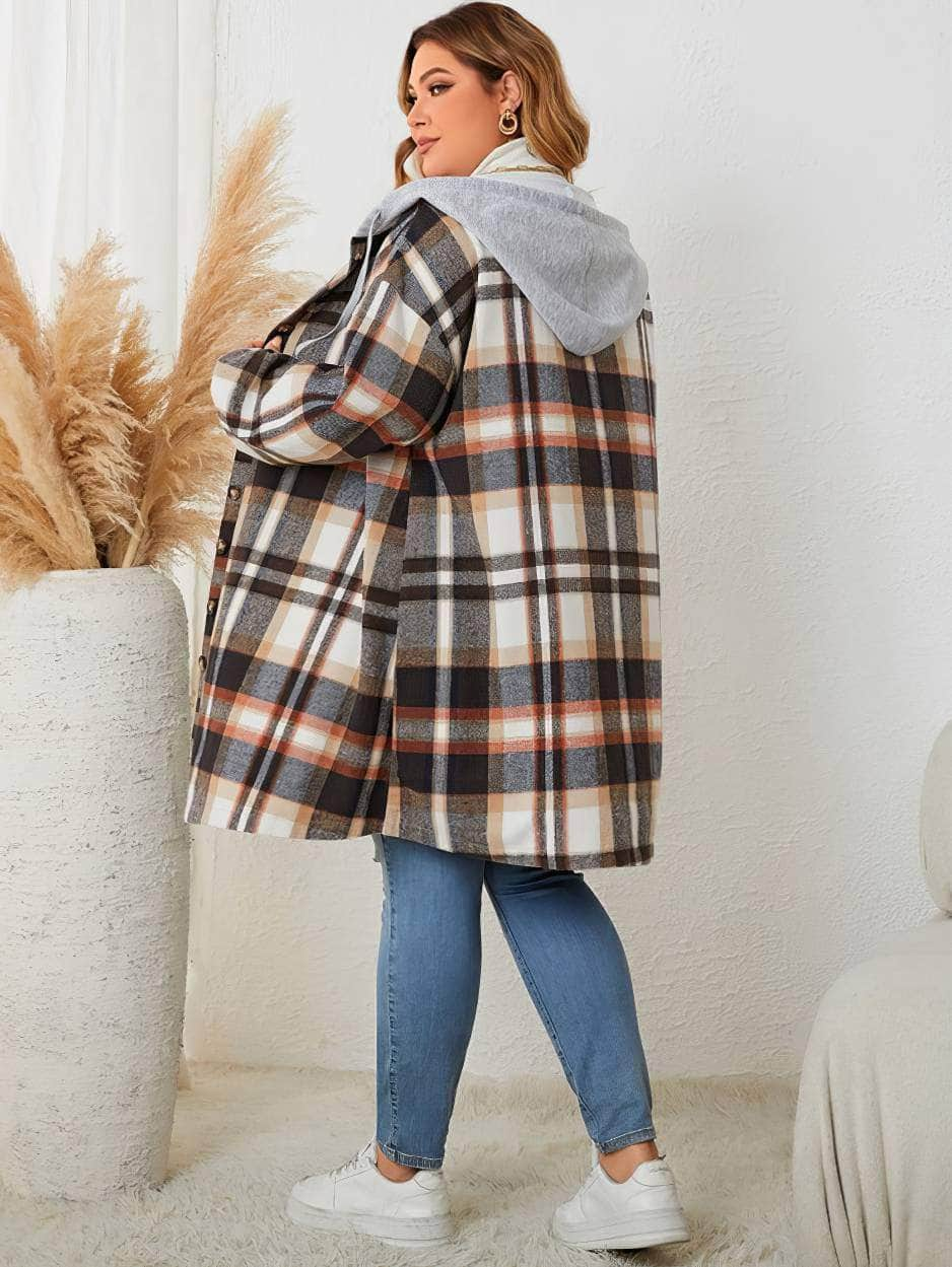 Plus Size Plaid Pattern Drop Shoulder Hooded Coat