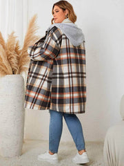 Plus Size Plaid Pattern Drop Shoulder Hooded Coat