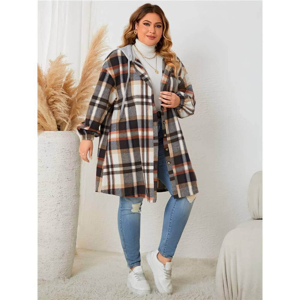 Plus Size Plaid Pattern Drop Shoulder Hooded Coat