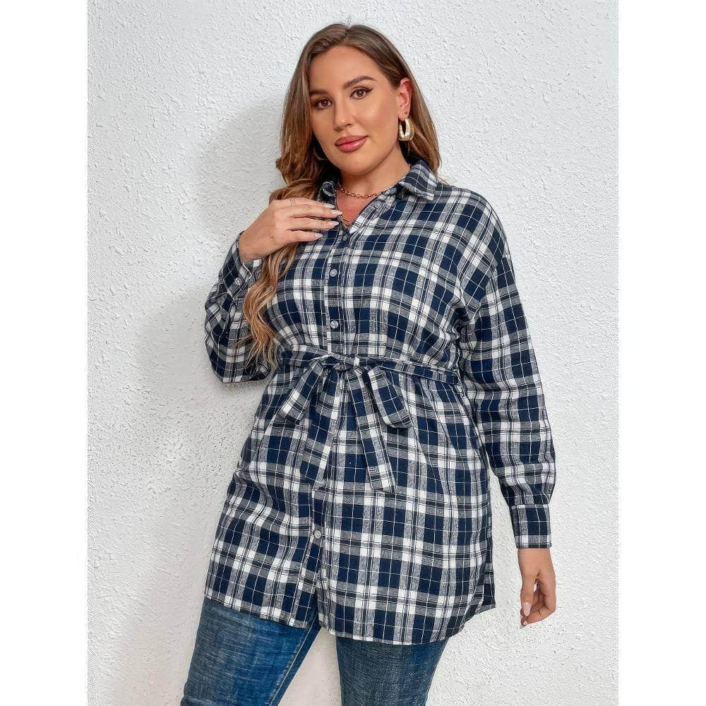 Plus Size Plaid Tartan Print Drop Shoulder Belted Shirt