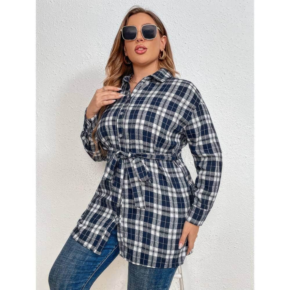 Plus Size Plaid Tartan Print Drop Shoulder Belted Shirt