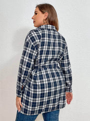 Plus Size Plaid Tartan Print Drop Shoulder Belted Shirt