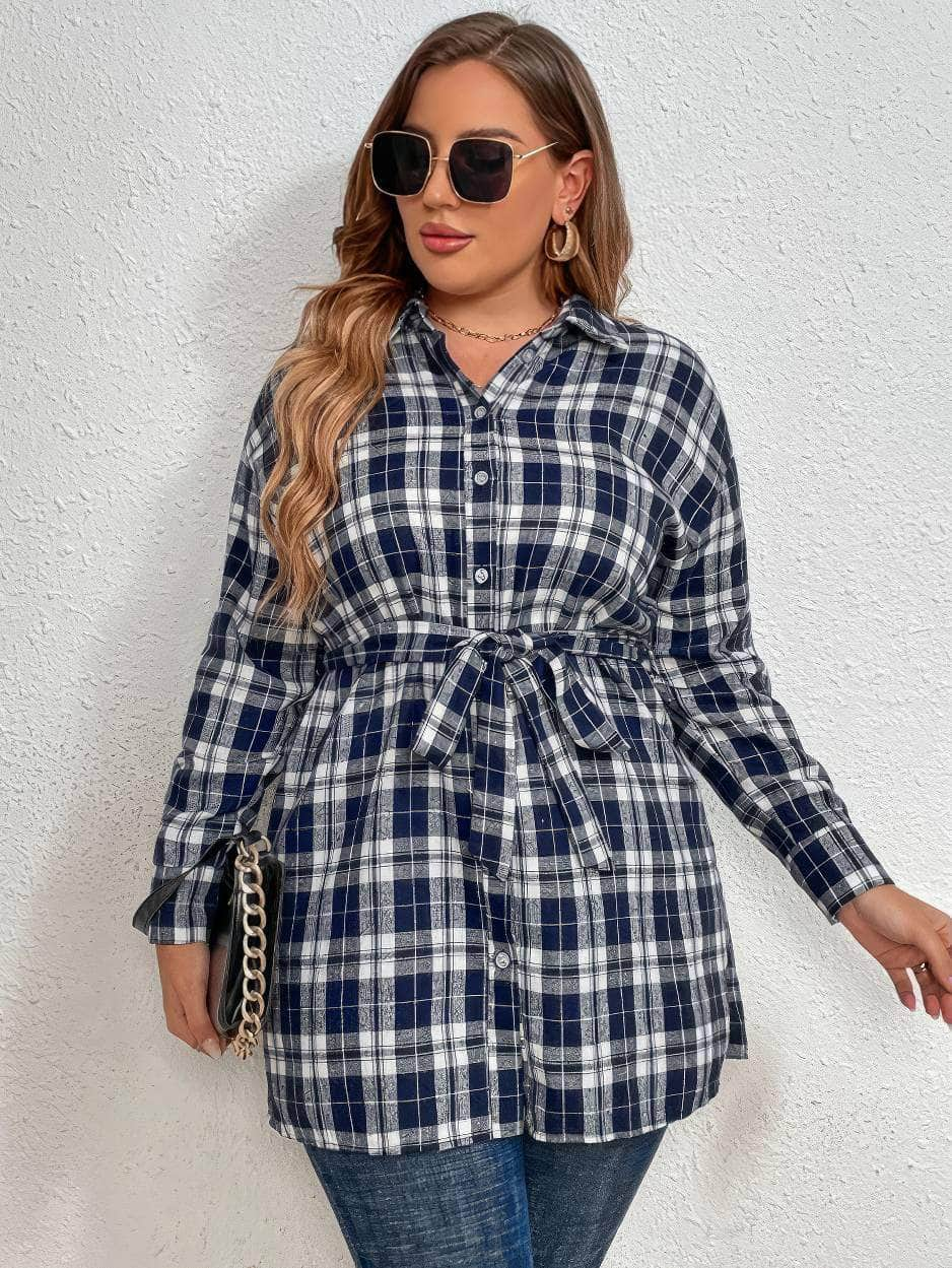 Plus Size Plaid Tartan Print Drop Shoulder Belted Shirt US 16-18 / Navy