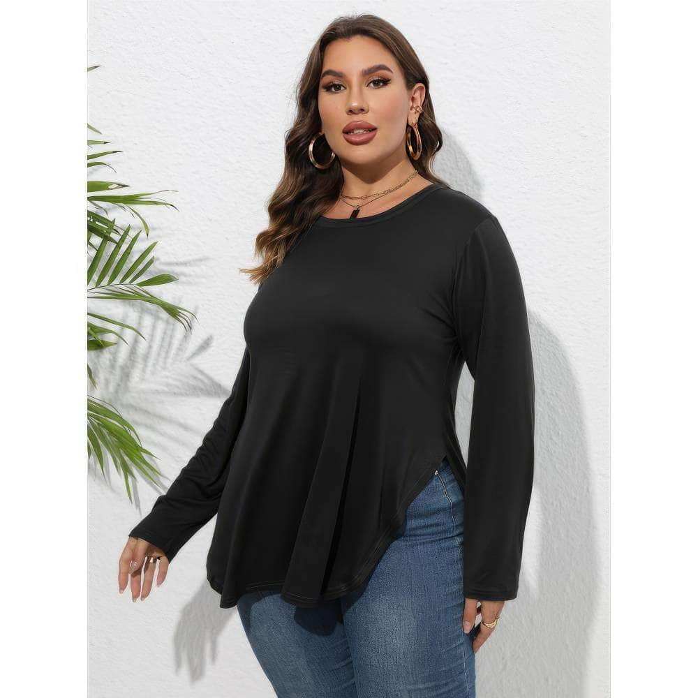 Plus Size Plain Round Neck Irregular Hem Blouse