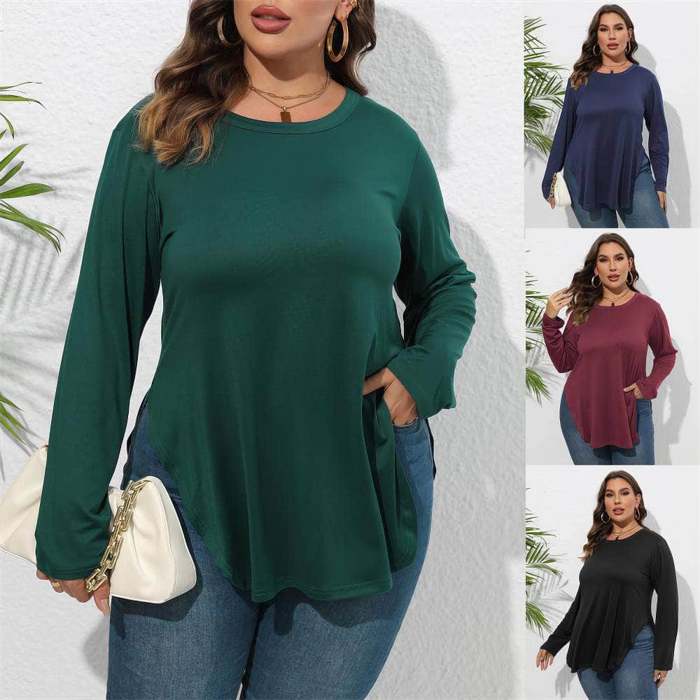 Plus Size Plain Round Neck Irregular Hem Blouse