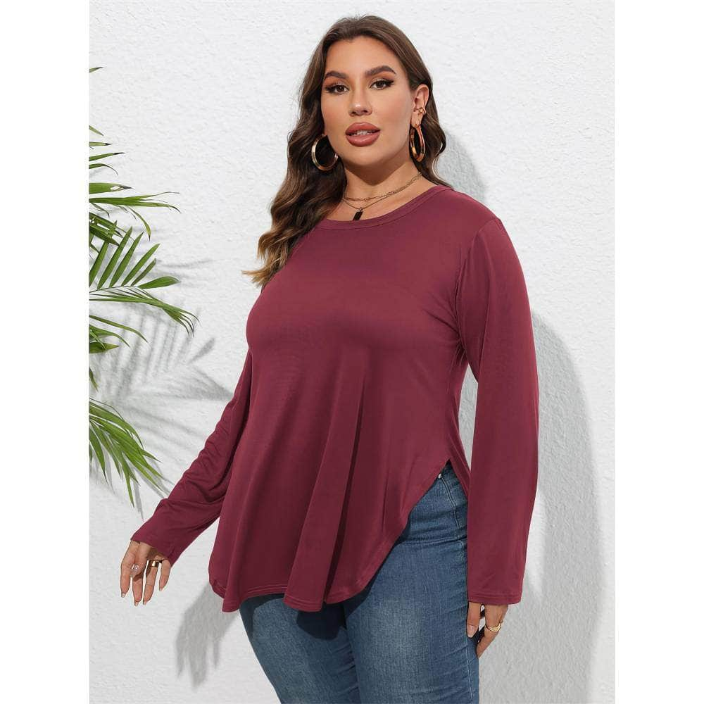 Plus Size Plain Round Neck Irregular Hem Blouse