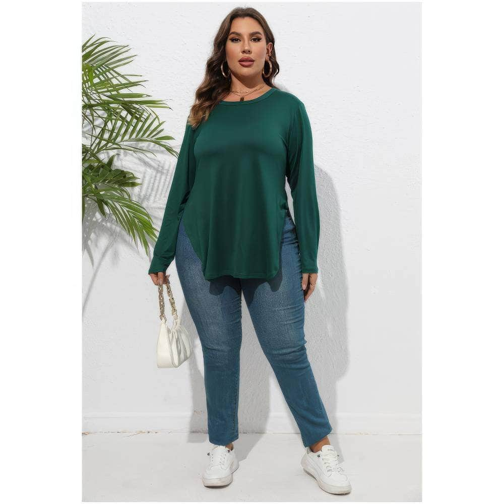 Plus Size Plain Round Neck Irregular Hem Blouse