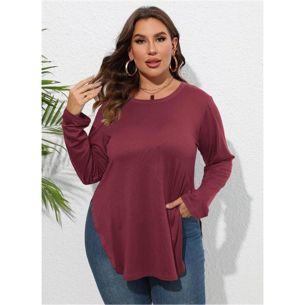 Plus Size Plain Round Neck Irregular Hem Blouse