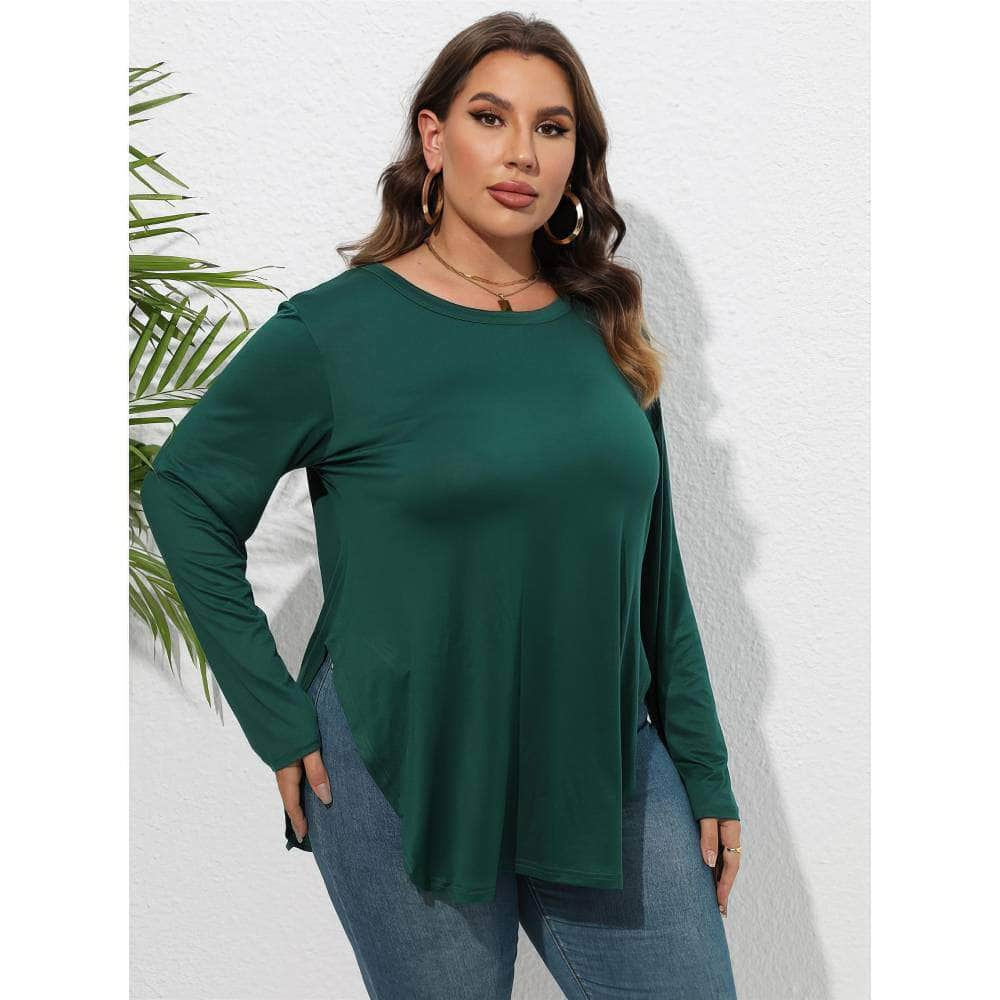 Plus Size Plain Round Neck Irregular Hem Blouse