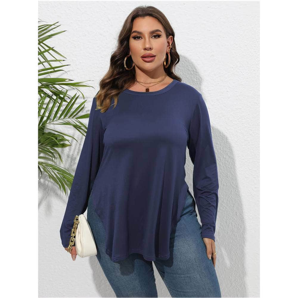 Plus Size Plain Round Neck Irregular Hem Blouse