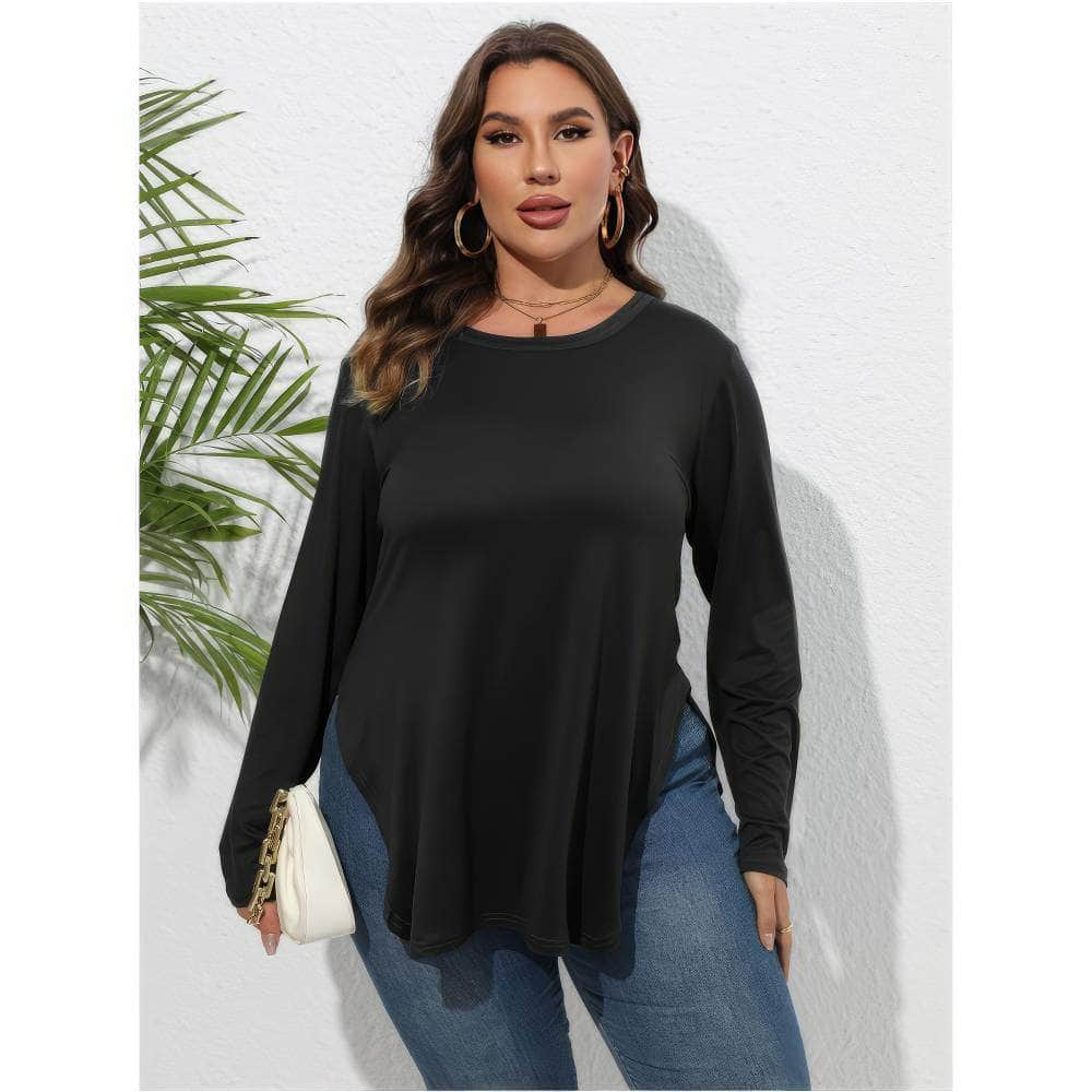 Plus Size Plain Round Neck Irregular Hem Blouse US 16-18 / Black