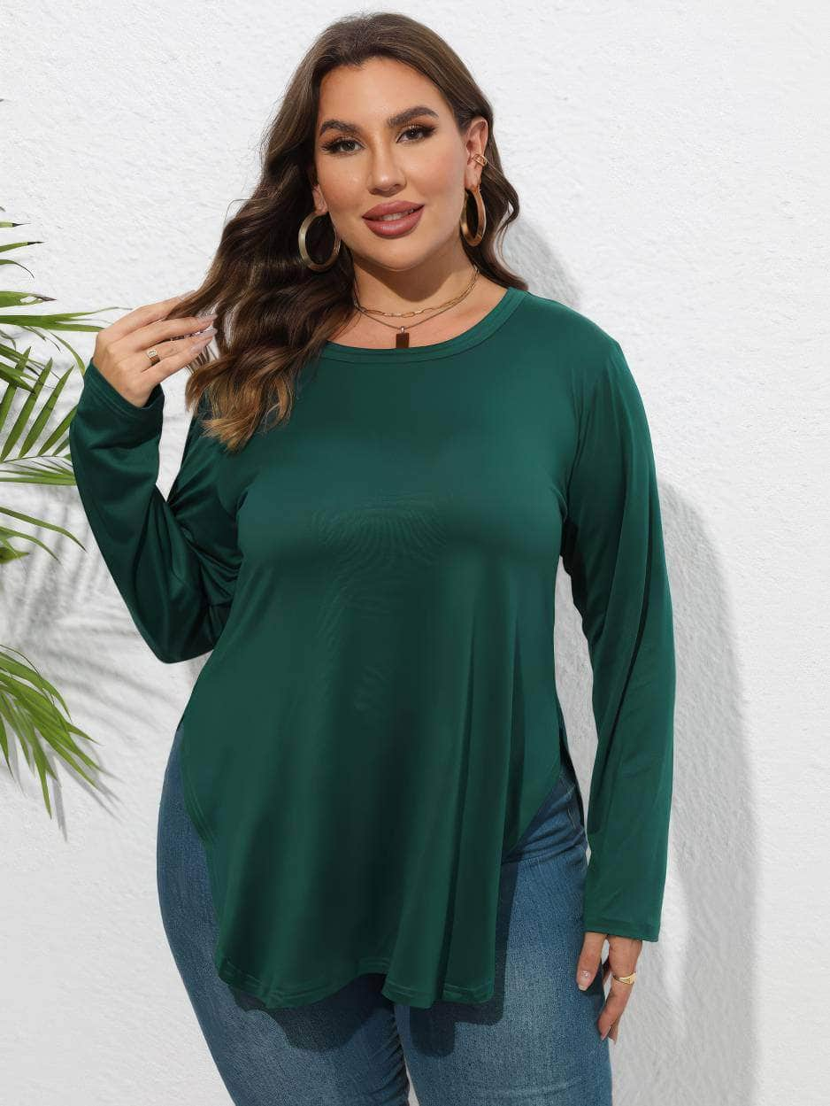 Plus Size Plain Round Neck Irregular Hem Blouse US 16-18 / Green