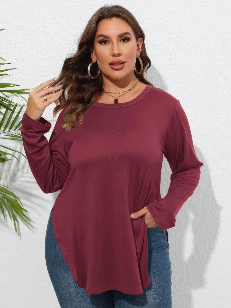 Plus Size Plain Round Neck Irregular Hem Blouse US 16-18 / Maroon