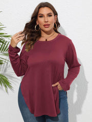 Plus Size Plain Round Neck Irregular Hem Blouse US 16-18 / Maroon