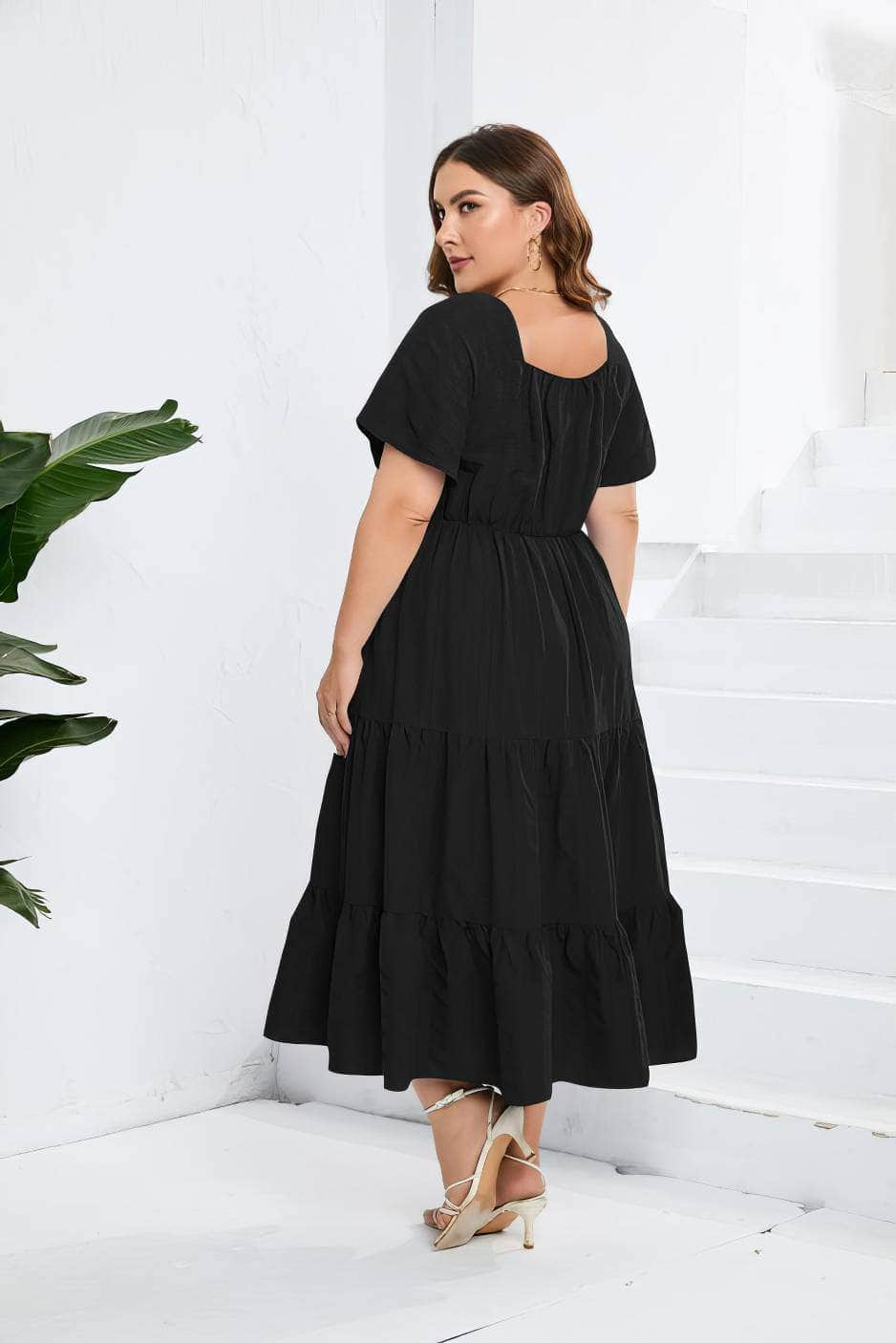 Plus Size Plain Ruched Drawstring Pocket Ruffle Tiered Dress