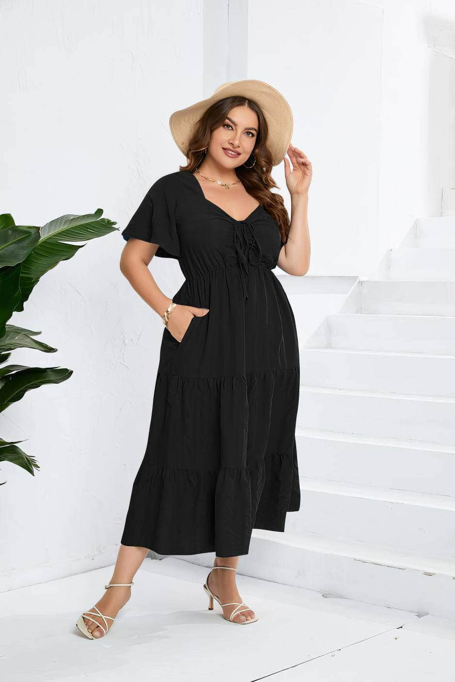 Plus Size Plain Ruched Drawstring Pocket Ruffle Tiered Dress